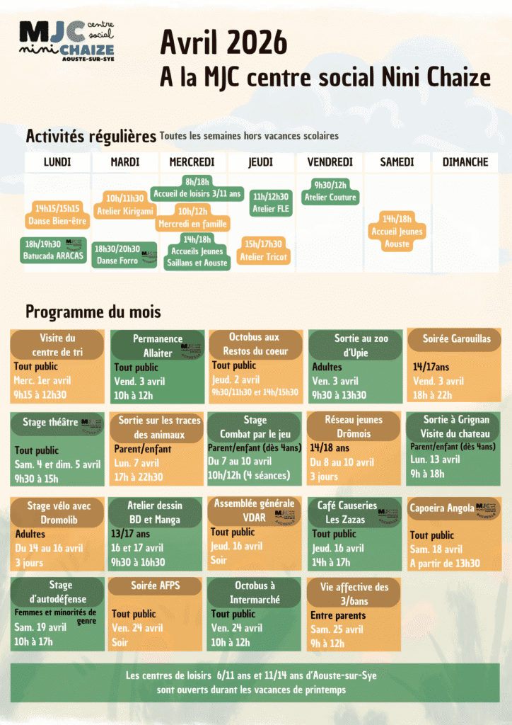 Programmation du mois d'avril 2026.